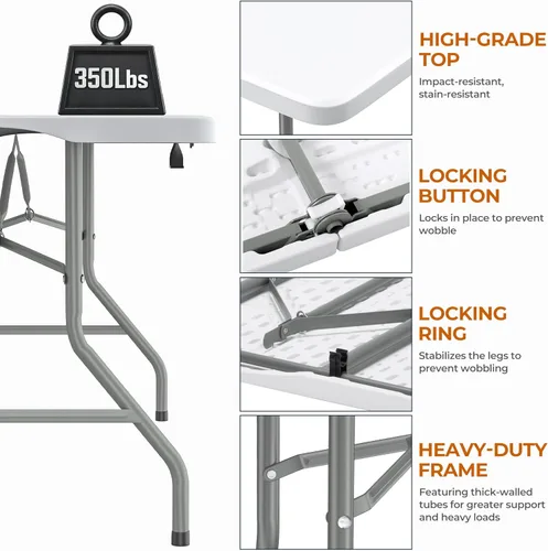 Vista 23 de Mesa plegable de 5 pies con asa de transporte, mesa plegable de plástico portátil con cerraduras de seguridad, mesa plegable de plástico resistente