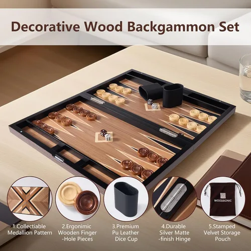 Vista 4 de Juego de backgammon de madera para adultos – Estuche clásico de juego de mesa de 19 pulgadas – Juego de backgammon plegable premium con piezas