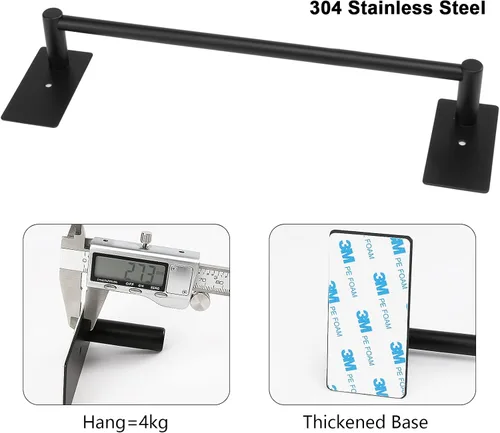 Vista 3 de Self Adhesive Bathroom Towel Bar- Stainless Steel Bath Wall Shelf Rack Hanging Towel Stick On Sticky Hanger Contemporary Style (Matte Balck, 16 Inch)