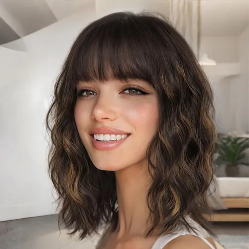 Vista 14 de Nnzes Pelucas onduladas negras con flequillo para mujer, peluca corta negra Bob sintética de aspecto natural resistente al calor fibra pelo