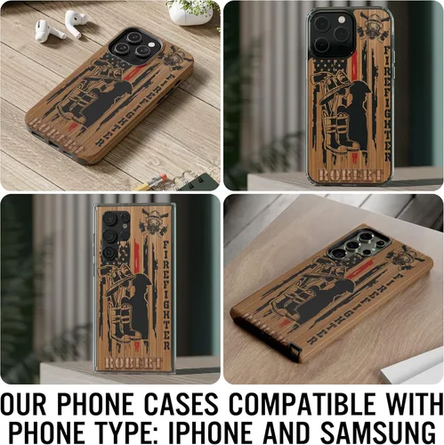 Vista 19 de Funda de teléfono personalizada con bandera estadounidense de madera, diseño de bombero de línea roja, diseño de bombero, regalo personalizado