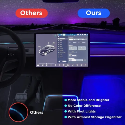 Vista 6 de Nestour Luces de Neón Interiores de Coche para Tesla Model 3 Y 2016-2020, (Consola Central+Tablero de Instrumentos+2 Luces para Pies)