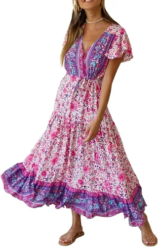 R.Vivimos - Vestido de verano holgado para mujer, tela de algodón, estampado floral, manga corta