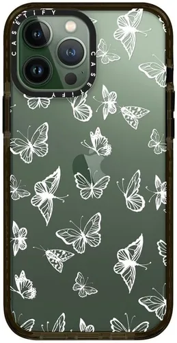 Vista 3 de CASETiFY Impact - Funda para iPhone 13 Pro Max, diseño de mariposa blanca, color negro transparente