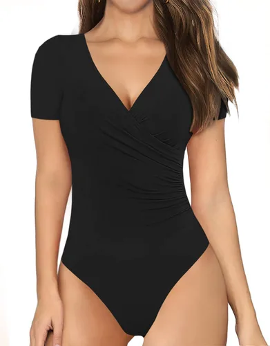 Mangopop - Mono de manga corta para mujer cuello de inmersión profundo manga larga