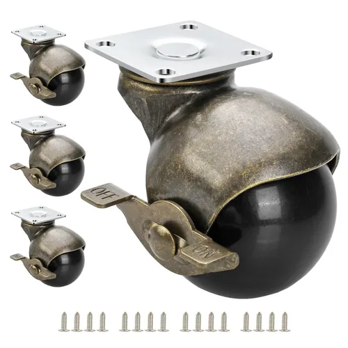 JGJC Ruedas giratorias de latón antiguo de 2 pulgadas con freno, juego de 4 ruedas de bola maciza, resistentes | Ruedas giratorias vintage para