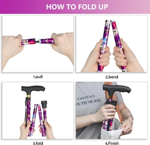 Vista 6 de Cane for Women with LED Light, Folding Walking Cane for Men and Seniors, Lightweight Collapsible Aluminium Cane, 5-Level Height Adjustable Walking