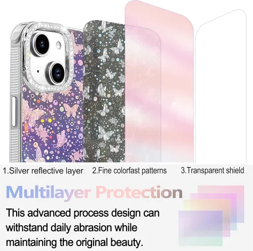Vista 342 de I-MGAE-IN-AR - Funda diseñada para iPhone 12 y 12 Pro, diseño de mariposa plateada brillante, funda protectora de poliuretano termoplástico, suave