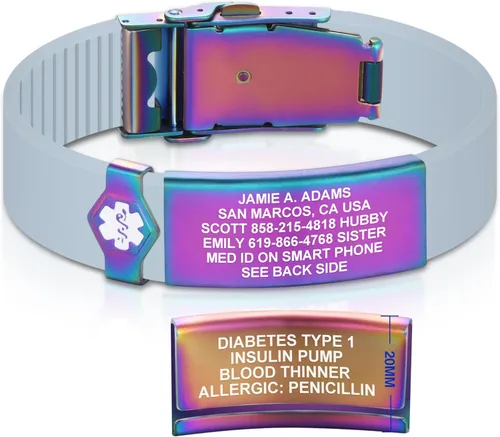 Vista 231 de Divoti Pulsera de identificación de alerta médica grabada personalizada, grabado láser de doble cara, pulsera de silicona, cierre de seguridad
