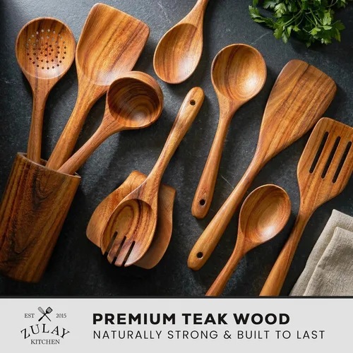 Vista 2 de Zulay Kitchen - Juego de 10 utensilios de cocina de madera de teca natural con acabado suave y cómodo agarre, juego de utensilios de cocina