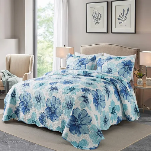 Vista 2 de HoneiLife - Juego de edredón de 3 piezas, colcha de microfibra, reversible, con estampado floral, para todas las estaciones, estilo acuarela