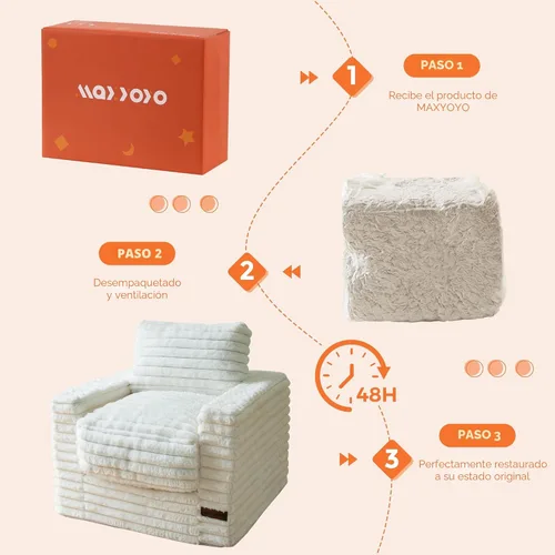 Vista 7 de MAXYOYO Silla de Puf Infantil, Cómodo Sofá de Puf de Fieltro Sintético con Relleno, Sofá de Piso Tapizado con Cojines y Respaldo, Silla de Piso Beige