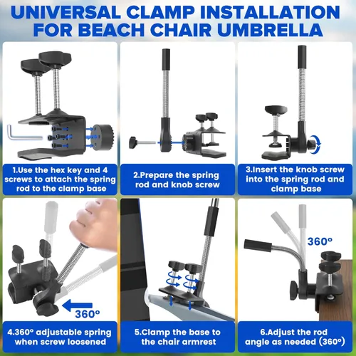 Vista 5 de Sombrilla de playa, paquete de 2 paraguas para silla de 48.7 pulgadas con abrazadera ajustable de 360°, protección UV, sombrilla grande para silla