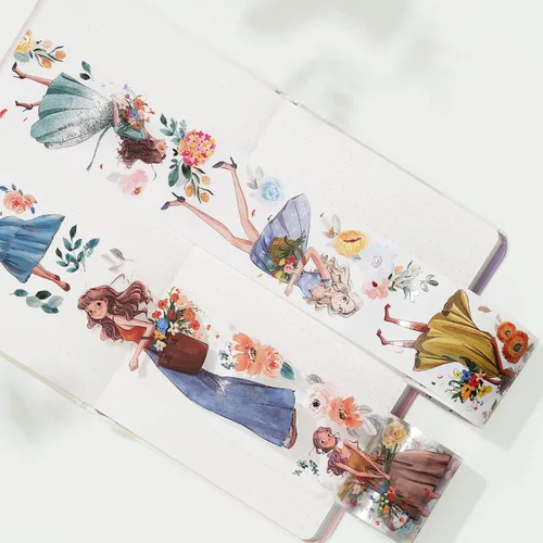 Vista 4 de WT Carefree - Cinta de PET ancha, rollo individual, diseños originales de personajes, decoración transparente para diarios, planificadores