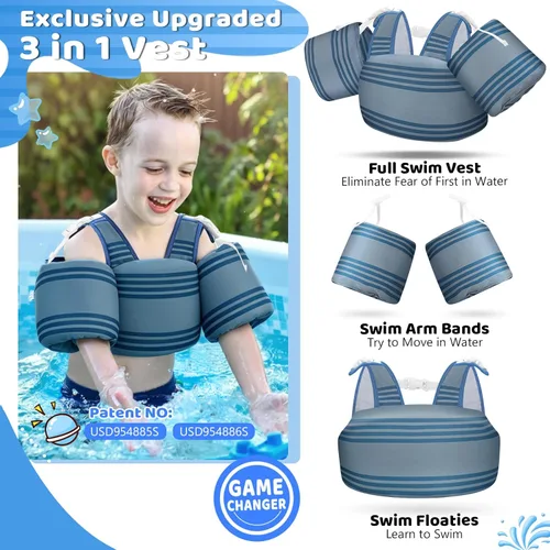 Vista 2 de Vvinca Toddler Swim Vest for 22-66 Lbs (2-6 Years) - 3-in-1 Kids Pool Floaties with Removable Arm Bands and Back Float, Adjustable Safety Swim