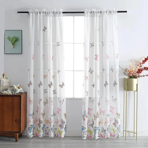 Vista 13 de VISIONTEX Cortinas transparentes con estampado de gasa, estilo abstracto europeo, estampado de hojas azules y amarillas, 2 paneles para decoración