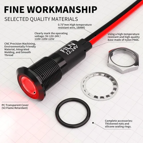 Vista 2 de 2 piezas 12 mm (1/2") Luz indicadora LED roja impermeable, lámpara de señal de metal, 5 V, 12 V, 24 V, IP67, luz de piloto, tablero, para coche