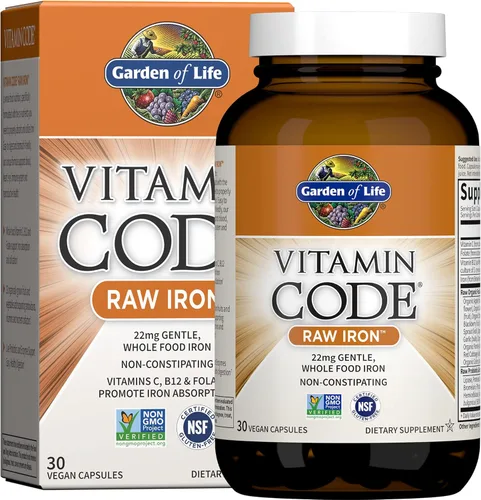 Suplemento de hierro crudo Garden of Life Vitamin Code Raw - 30 cápsulas veganas, hierro de 22 mg una vez al día, vitaminas C, B12, ácido fólico,