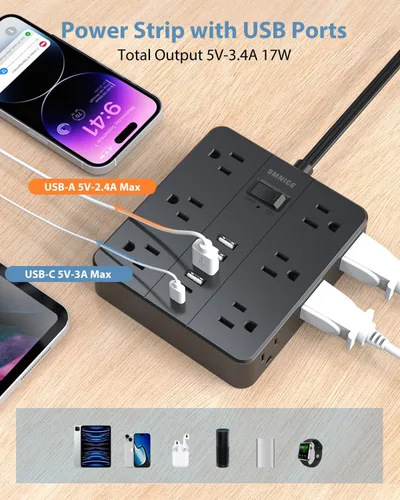 Vista 5 de Regleta de alimentación de enchufe plano con 12 salidas 6 USB (2 USB C), estación de carga con protector de subida de tensión SMNICE con protección