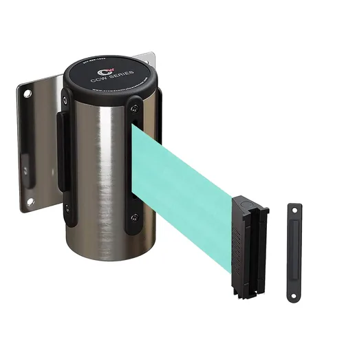 Vista 24 de Crowd Control Warehouse - Barrera de cinturón retráctil de montaje en pared fija serie WMB-125 -11 pies, cinturón negro con caja de acero inoxidable