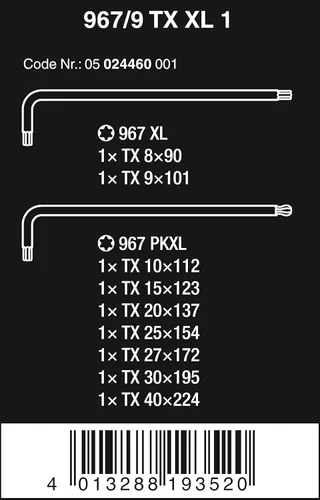 Vista 2 de WERA 05024460001 967/9 TX XL 1 TORX® Juego de llaves en L, largo, 9 piezas