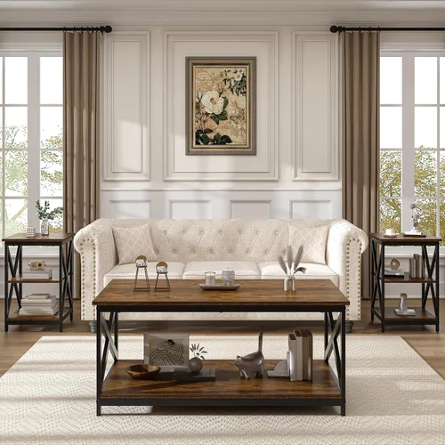 Vista 2 de Bigbiglife Juego de 3 mesas de centro para sala de estar, mesa auxiliar industrial de diseño X y 2 mesas auxiliares, juego de mesa de sala de estar