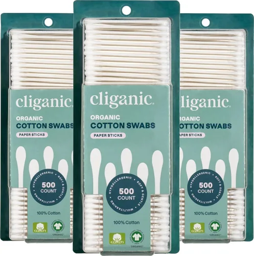 Vista 6 de Cliganic Hisopos de algodón orgánico, 500 unidades, 100% algodón natural puro, sin cloro, hipoalergénico, suave, suave y absorbente