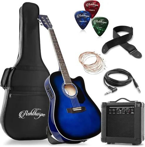 Vista 14 de Ashthorpe Paquete de guitarra eléctrica acústica Thinline Cutaway de tamaño completo con amplificador de 10 W, color negro