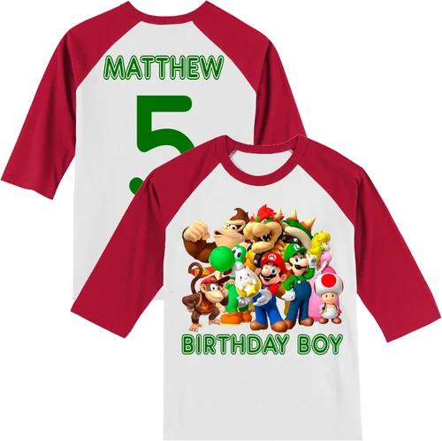Camiseta personalizada de súper cumpleaños | Camiseta de amigos de Mario | Diseño decorado a mano | Personalizada con nombre y edad | Camiseta