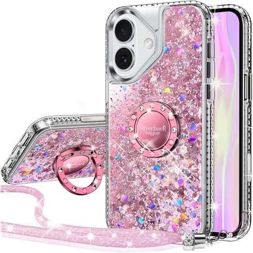 Vista 33 de Silverback Funda para iPhone 15, funda con purpurina holográfica líquida en movimiento con soporte, para niñas y mujeres, funda protectora