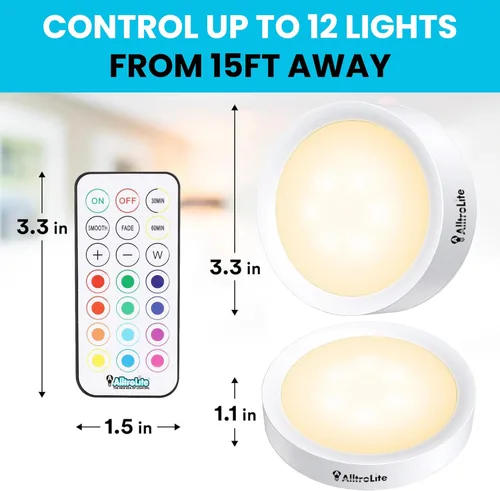 Vista 4 de AlltroLite FA7835 Color Changing LED Puck Lights with 2 Remotes (6 Pack) 13 RGB Colors Changing Battery Operated Lights for Under Cabinets with