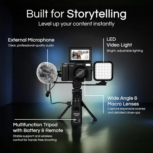 Vista 5 de Minolta Kit de cámara VLOG de 64MP 4K60FPS - Videocámara digital de enfoque automático con trípode, control remoto, micrófono, luz LED, pantalla LCD