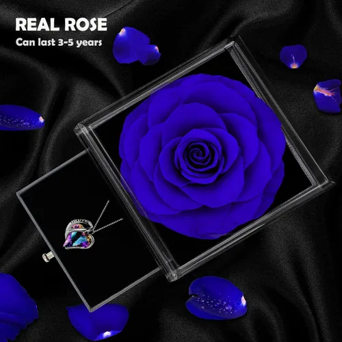 Vista 4 de Rosa real preservada con collar de cristal austriaco, rosa azul eterna con colgante de corazón de amor de plata de ley 925, joyería de piedras
