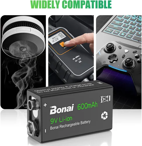 Vista 6 de BONAI Baterías recargables de 9 V de 600 mAh de alta capacidad, (paquete de 4) baterías de litio de 9 voltios para detectores de humo, detector