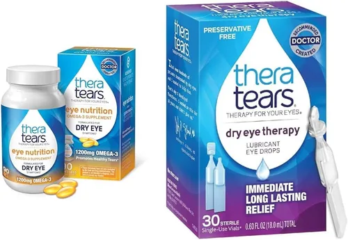 TheraTears Suplemento Omega 3, 1200 mg, 90 unidades (paquete de 1) y gotas lubricantes para ojos secos para ojos secos, gotas para ojos sin