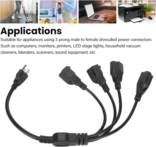 Vista 4 de Cable de enchufe divisor de alimentación, cable de alimentación de 3 clavijas de 1 a 4, cable de alimentación de 16 AWG a 18 AWG, cable adaptador