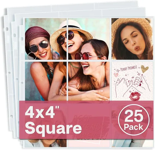Dunwell Fundas para álbumes de fotos de 4 x 4 pulgadas (paquete de 25), se adapta a carpetas de álbumes de 3 anillos de 12 x 12 pulgadas, páginas de