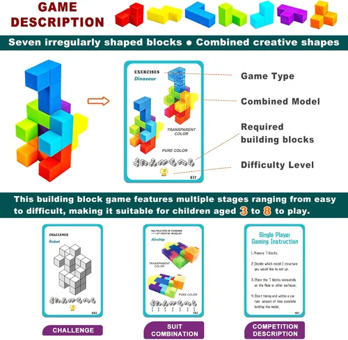 Vista 6 de Bloques de construcción magnéticos, cubos magnéticos 3D, juego de 7 bloques magnéticos de múltiples formas con 54 tarjetas guía, juguetes educativos