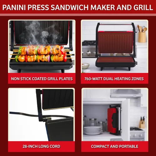 Vista 5 de Chef Buddy 82-SW100 parrilla antiadherente y Panini Prensa, rojo., Rojo
