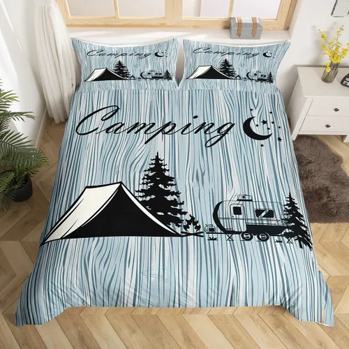 Vista 14 de Funda de edredón Happy Camping, juego de ropa de cama para niños, casa rodante, camper, funda de edredón vintage de madera estilo granero