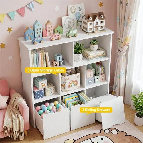 Vista 4 de Teckid Toy Storage Organizer with 3 Movable Drawers and 5 Open Cubbies, Kids Bookshelf and Toy Storage Cabinet with Hidden Wheels, Kids Toy Storage