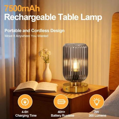 Vista 2 de LigthRound Touch Table Lamp for Bedroom, Cordless Bedside Small Table Lamp, Dimmable Rechargeable Battery Operated Lamp for Nightstand, Bedside