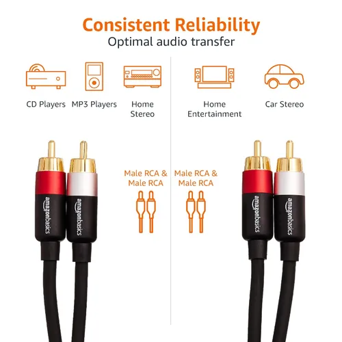 Vista 5 de Yaxa Basics Cable de audio RCA de 2 contactos para amplificador, altavoces activos o subwoofer con conectores chapados en oro, 1,2 m, negro