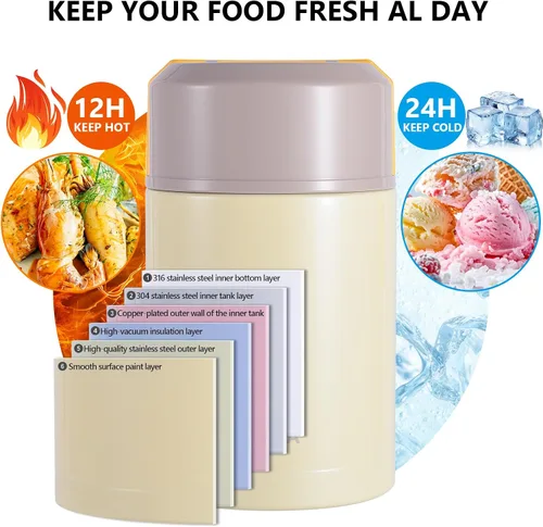 Vista 2 de Tarro de comida aislado de 33.8 onzas, termo de acero inoxidable 316 para alimentos calientes, contenedor de almuerzo a prueba de fugas para Gris