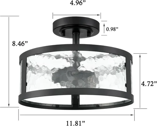 Vista 5 de Lámpara de techo semiempotrada de estilo casa de campo, accesorios de luz negra, 2 luces con vidrio martillado para dormitorio, cocina, baño, entrada