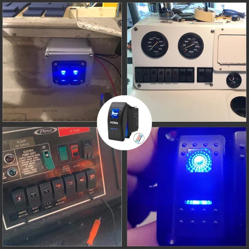 Vista 6 de Interruptor basculante conmutable impermeable con botón de bocina momentánea - Encendido/Apagado Luz LED Azul - 12V 20Amp 24V 10Amp, 5 Pines Para