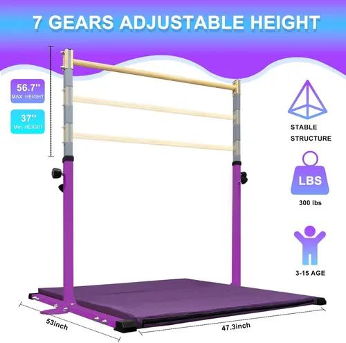 Vista 2 de Adjustable Gymnastics Bar for Kids with Mat - Sturdy Kip Bar with Rings, Horizontal Bar for Home Training, 3'-5' Height, Ages 3-15, 250 LBS
