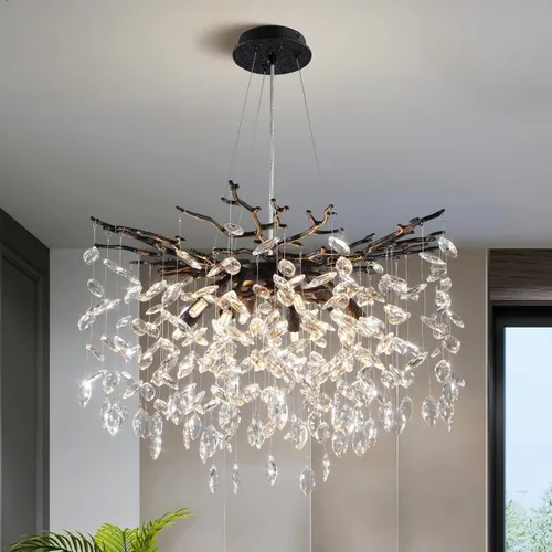 Vista 24 de YUYI 23.6" Candelabro moderno de oro con ramas de árbol de cristal, iluminación redonda de gota de lluvia de 8 luces para comedor, sala de estar
