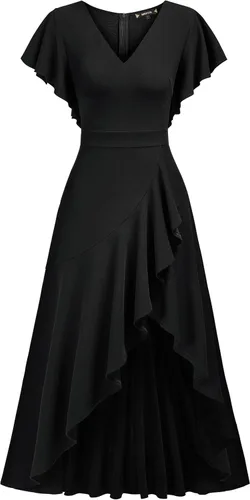 Vista 5 de Miusol Vestido largo formal, de fiesta, de noche, con cuello en V, apertura y volantes para mujer