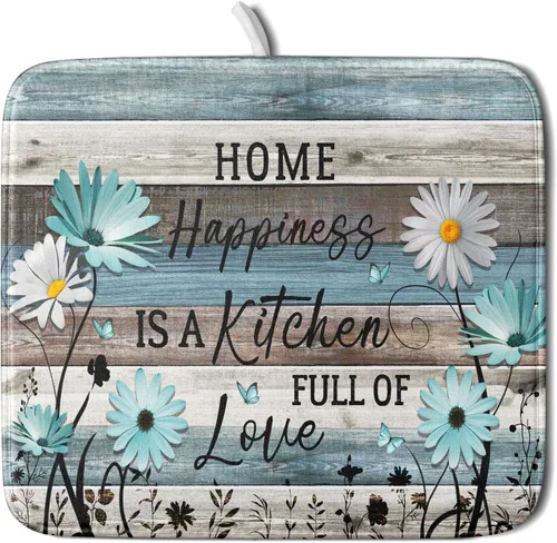 Vista 107 de Tapete de secado de platos con diseño de pájaro rojo de Feliz Navidad, absorbente y de secado rápido, protector para encimera de cocina, 18 x 24